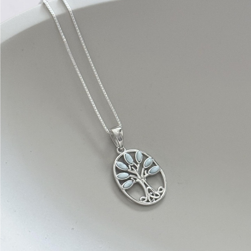 NWT 925 Sterling Silver with Natural Larimar Tree of Life Necklace! NEW!